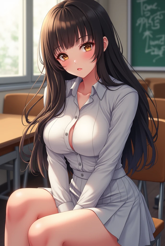 Masterpiece, Manhwa Art, A Korean girl, One Girl, Looking like an idol , Blushing Hard, Pouting cutely, Looking like she's trying to get someone attention, Eight plus yead girl, White uniform and skirt, gal type, gyaru type, hot and attractive, big oppai, tall and curvy, school girl, sitting to her chair