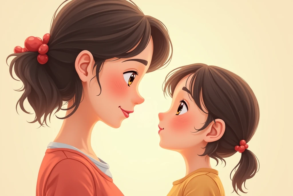 妈妈微笑看着7岁女孩的Cartoon形象,Cartoon,可爱Cartoon,可爱Cartoon风格,maternal love,Cute illustration,Clean anime art,Simple background