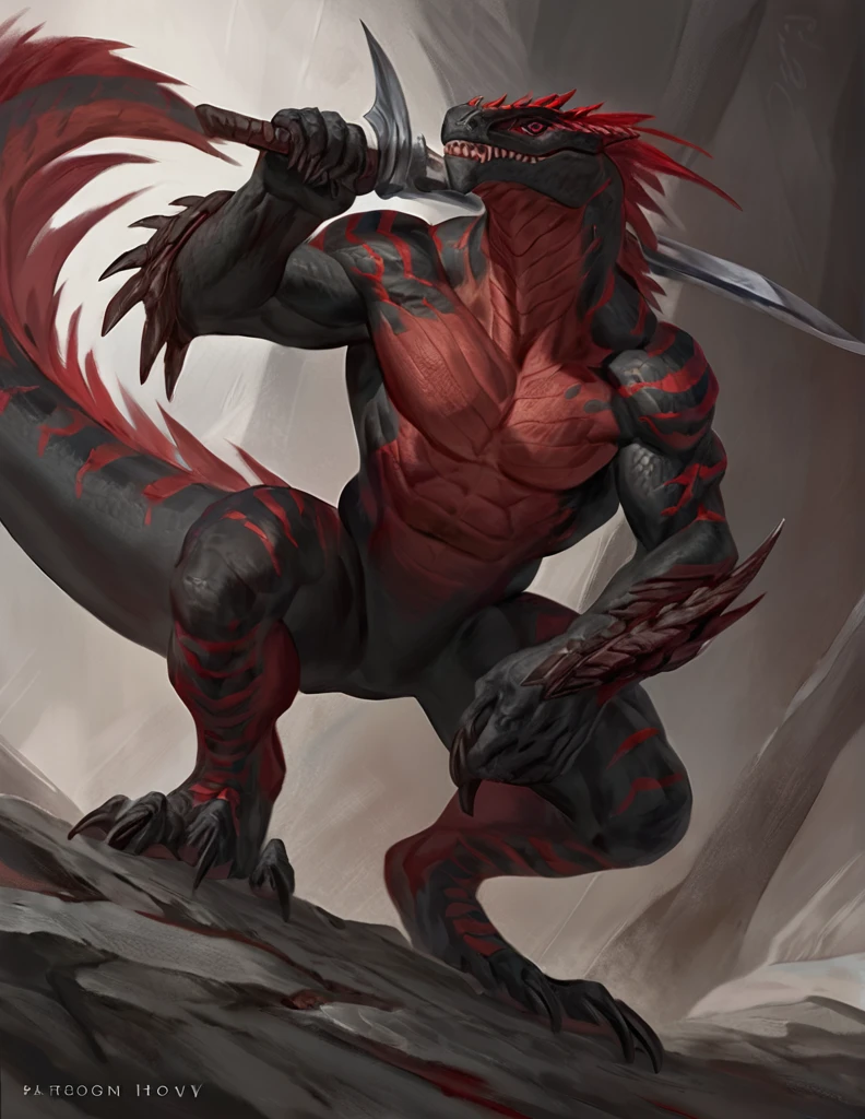 a ferocious male lizardfolk, anthro Glavenus, solo, scaly detailed body, full body, crimson red and black color body, red eyes, giant blade tail, comicbook style, best quality, 4k, ultra-detailed, by laobai, by taran fiddler, by honovy