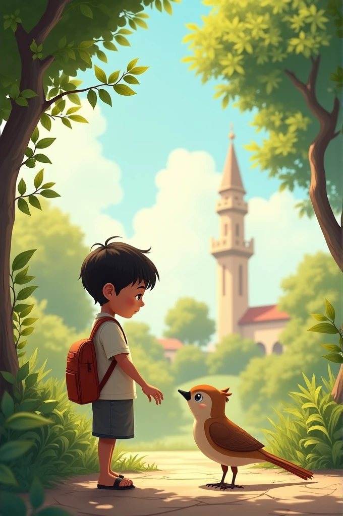 After leaving the mosque, Hasan goes to meet his little friend (the bird). The bird is either perched on a branch or sitting on the ground, waiting for Hasan.