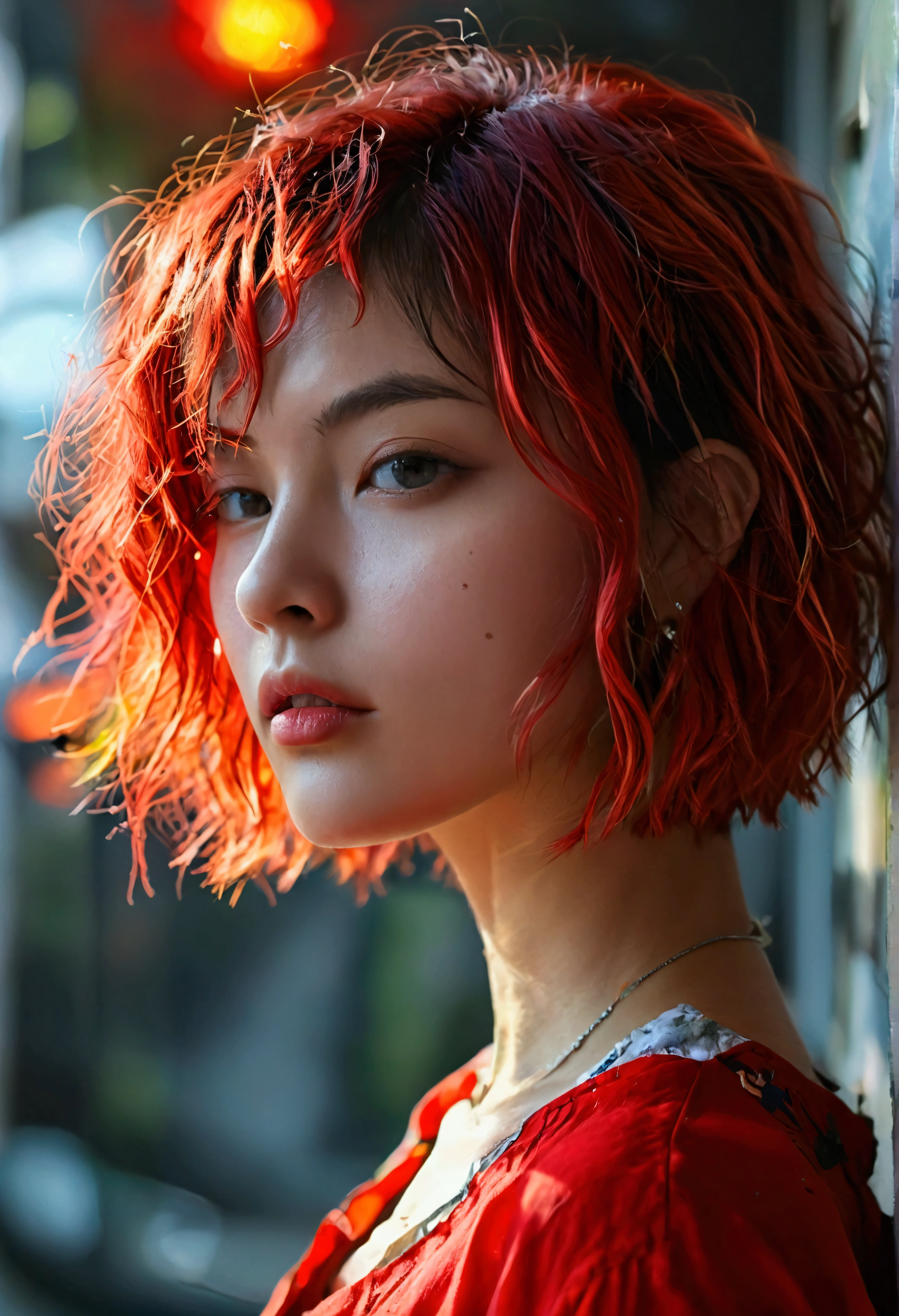 Wearing a red shirt、Short, messy bob hair