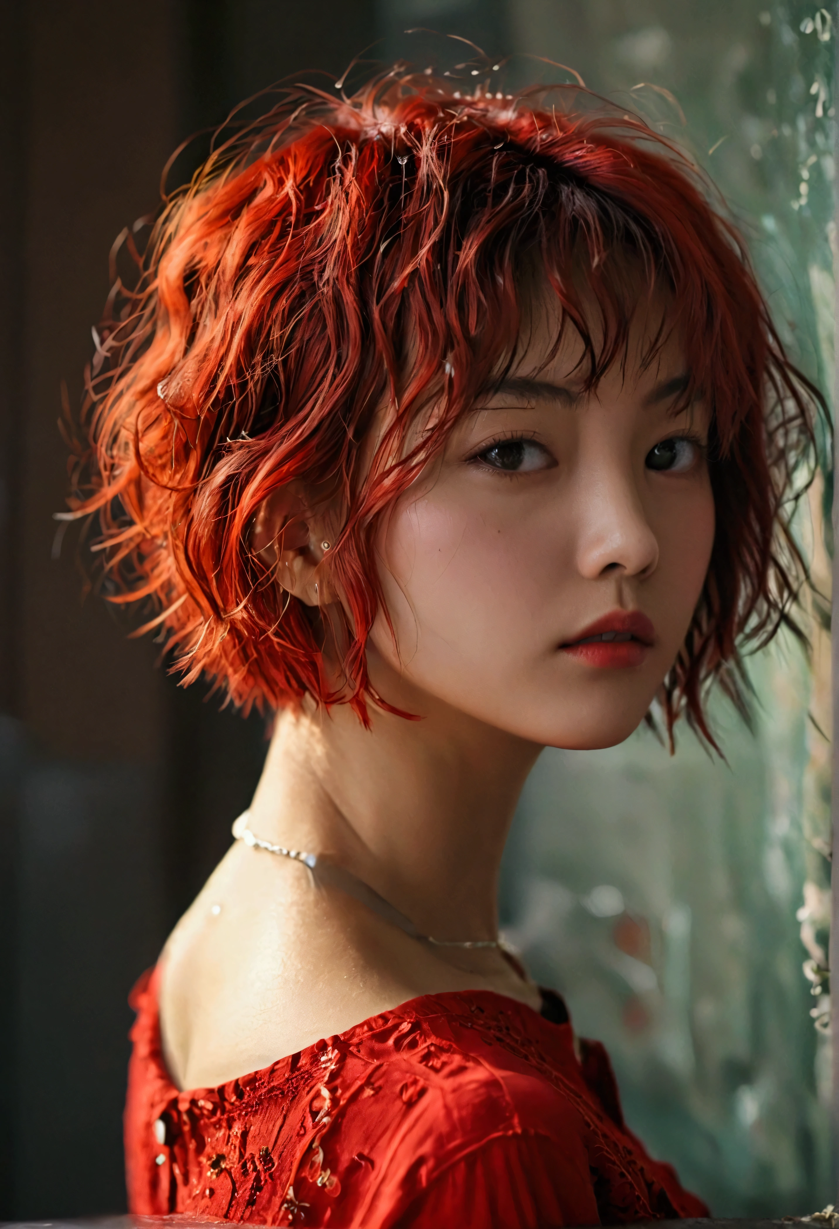 Wearing a red shirt、Short, messy bob hair