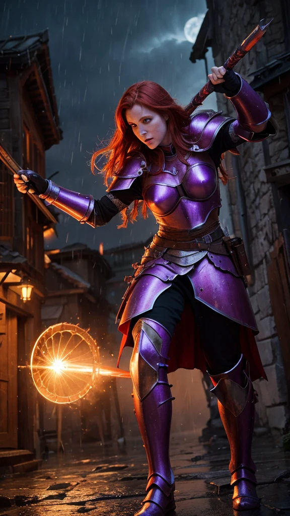 Redhead, Purple armor, light bearer warriors, Medieval city, dark, Fight, amazing, war, Surrealism, 8k, Super Detail, war, Fight against demons, darkness, Horror, rain