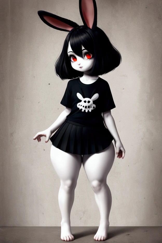Little slim female bunny with nice big thighs and wearing a grey and white outfit and cute red eyes and wearing a black t-shirt and a full body black mini skirt and is is a gothic .