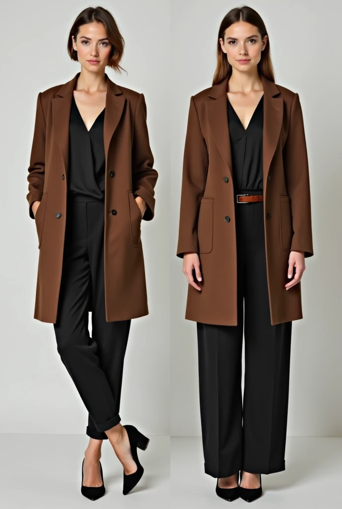 Brown open-front blazer with 4 pockets that reaches the hip , with black pants and black v-neck blouse, create 3 different styles