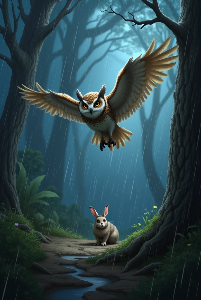 Generate an image of a small owl named Oliver flying through a stormy forest at night. The scene should feature heavy rain, gusty winds, and dark clouds. Oliver’s eyes are focused on a small rabbit huddled under a bush, looking scared and cold.