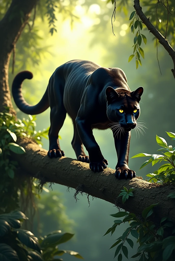 Black puma in jungle, walking on branch in trees