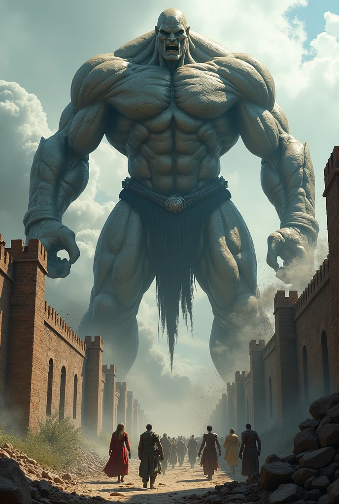 make an image of a humanoid titan destroying a wall and invading a kingdom