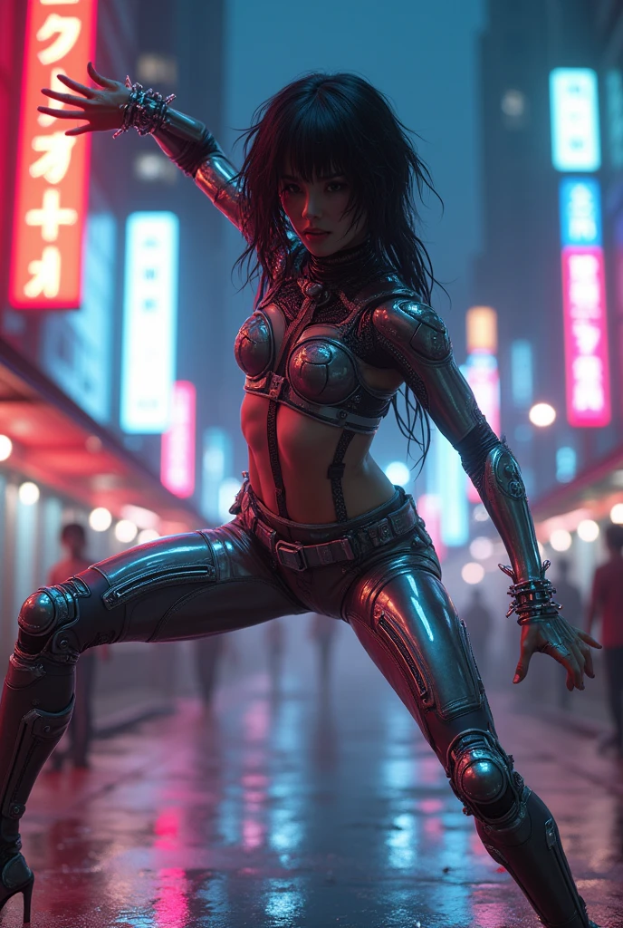 photo-realistic, dramatic scene, cinematic scene, masterpiece, (extremely beautiful Japanese boyish girl but cyborg), professional dancer but cyborg, (face focus:1.5), acrobatic pose, (dynamic angle:1.5), breakdancing at street at night, cyber punk downtown with neon, her brilliant fantastic dance techniques, professional light, stage light, spot light, (extremely intricated with extremely complex cyber punk mecha armored full-face gas mask:1.3), (wearing a form fitting cyber punk mecha-suits with bright neon marker:1.5), (Bright and shiny suit with neon markers:1.4)