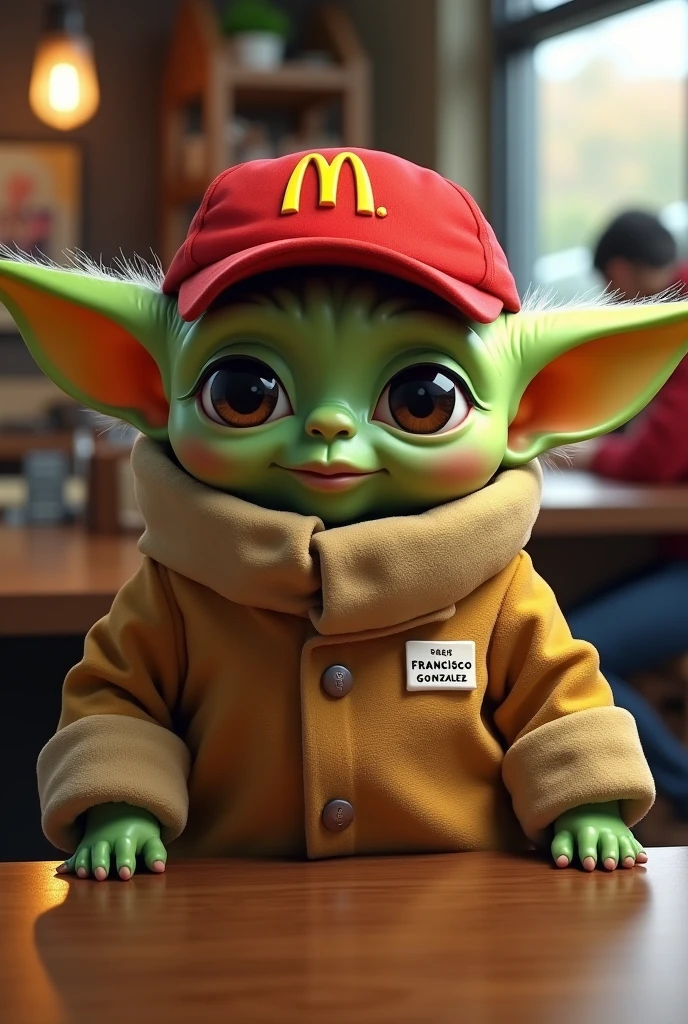 Baby Yoda dressed as a McDonald's worker with a nametag that says Francisco González