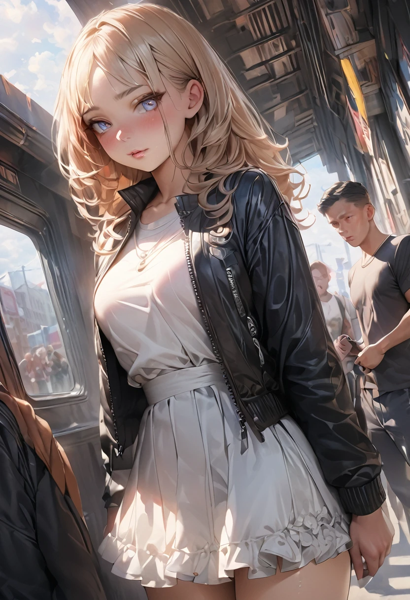 (Black rider jacket:1.1), (masterpiece, Highest quality, cute, Beautiful Face, 8k, RAW Photos, Realistic, Absurd:1.2), teens, Cowboy Shot, Dutch Angle, Face Light, Film Grain, chromatic aberration, High resolution, Super detailed, In detail, Light blue ruffle lace dress, Detailed skin, eyes and face, Sharp pupils, Realistic students, Sharp focus, street