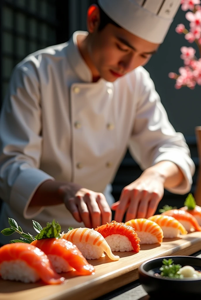 Generate an image of a sushi advertisement, the name of the restaurant"SANTIIX"