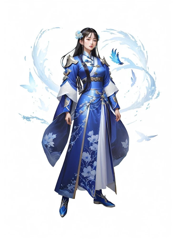 Close up of woman in blue and white dress, Inspired by Han Gan, Inspired by Zhang Han, Moon Themed Clothing, Full body martial arts, Full body fairy, Inspired by Zhao Yuan, Inspired by Zhu Derun, Inspired by Cao Zhibai, inspired by Fan Kuan, Inspired by Dong Yuan