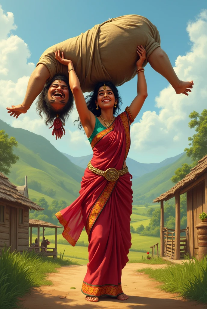 Smiling, Beautiful indian village young girl Divya in saree carrying a large man over her head in a farm, full view