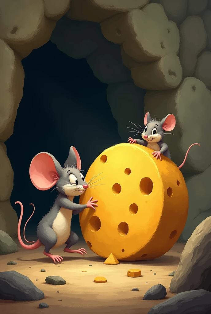 Lala the little mouse and Tito the little mouse, They put all their effort and managed to move the big cheese towards the exit of the cave..