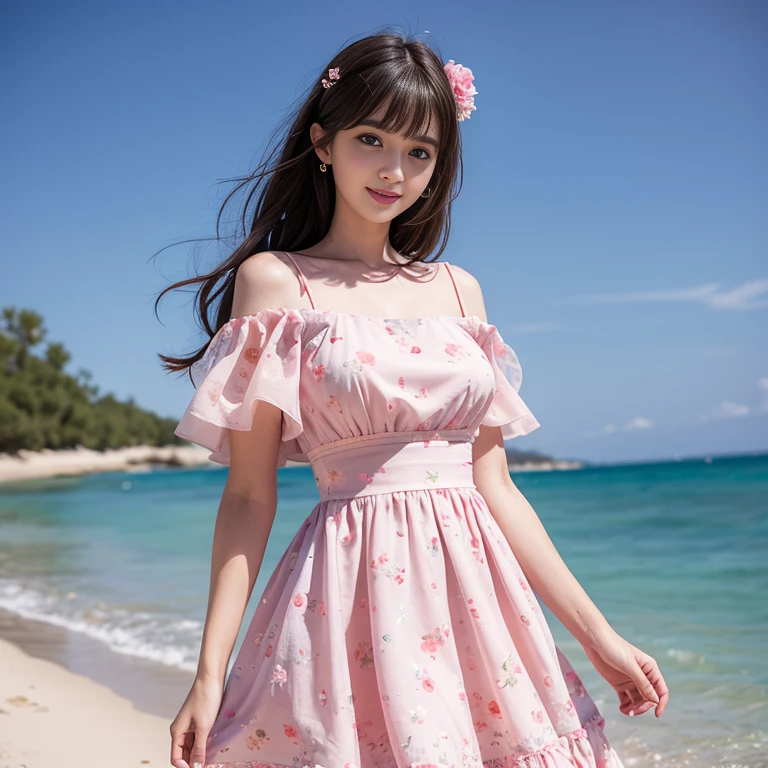 laughing out loud,travel scenery photos,Wear a sweet dress,Dress with pink flower pattern,Floral pattern scattered throughout the dress,Puff sleeves,Princess puff sleeves,Short sleeve,One-piece hem A-line skirt,(There is a layer of transparent mesh outside the skirt), Fluffy and lightweight dress,(The dress is made of mesh), There are pink ribbon bows on both sides of the collarbone.,A-line skirt with large hem,1 female, On the face, light brown hair, blunt bangs, hair behind ears, Shoulder-length hair, long hair, Slender body type, 超face slimming型, face slimming, delicate lips, beautiful eyes, Thin blush, Eyes are light brown,View here, (actual:1.3), One person's perspective, 8k, Super detailed, high quality, best quality, High resolution,2,above knee shot,Breast protrusion,Full breasts