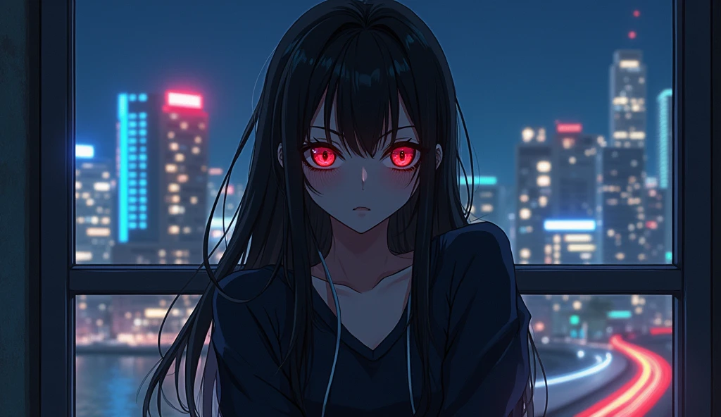 She looks cute on the outside but is very cold on the inside. She dresses conservatively but is a bit sexy. Her eyes are black red, clearly showing a scary look, her hair is loose and long, she looks like an anime. She is near a window view a city with many lights of neon modern high-rise buildings in the evening. She looks a bit mischievous and arrogant like a leader