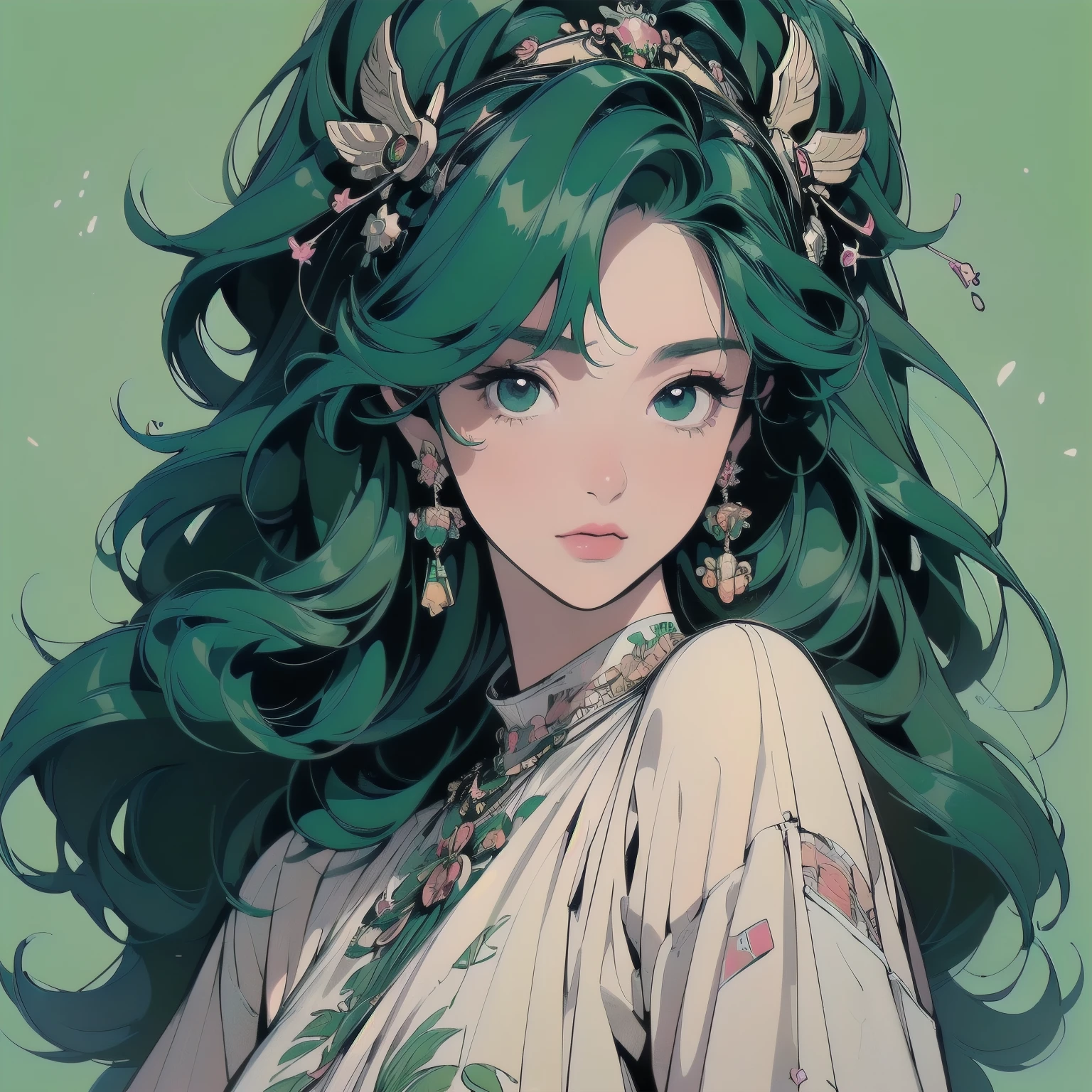 (((masterpiece, Highest quality))), (((32K Wallpapers))), Ultra-high resolution,Trigun、people、Beautiful woman、Movie Posters、Upper Body、Model pose、mysterious、Small breasts、Black Hair、Short sleeve、(((A detailed and complex drone)))、(((The perfect drone)))、(((A luxurious hair accessory with attention to detail)))、(((Green Hair)))、(((bandage)))