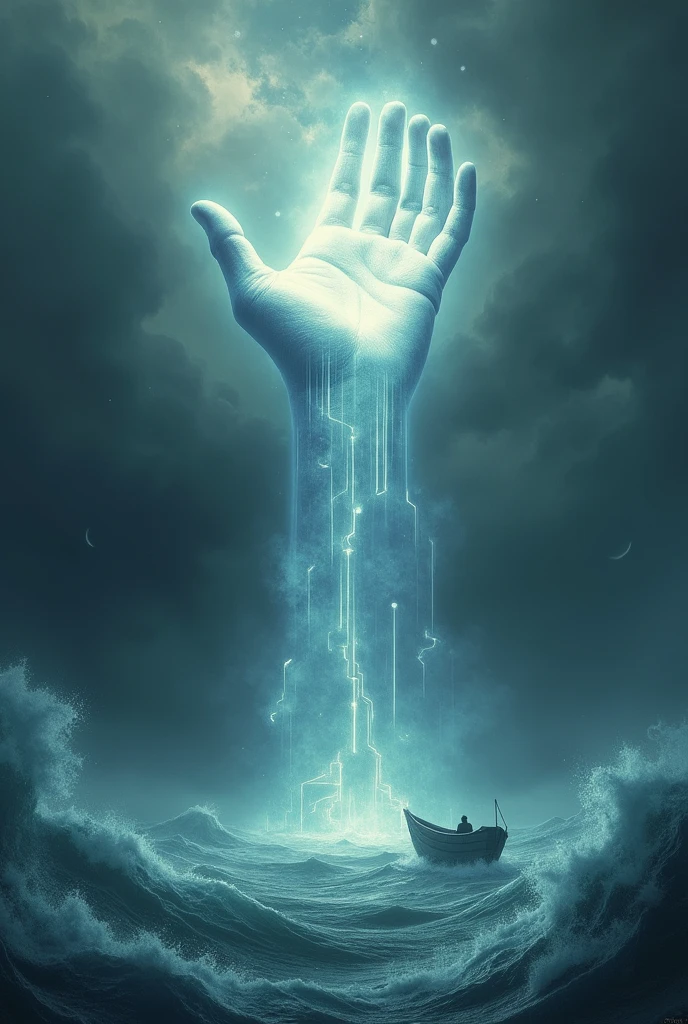 "Draw a large, light-filled hand descending from the dark, cloudy sky., trying to help a small boat that was drifting in the middle of big waves. The hand is clearly seen reaching out for the boat., giving a sense of peace in the midst of a raging storm. The background shows a rough sea and high waves, while the big hand from the sky creates a calm light and protects the small boat."