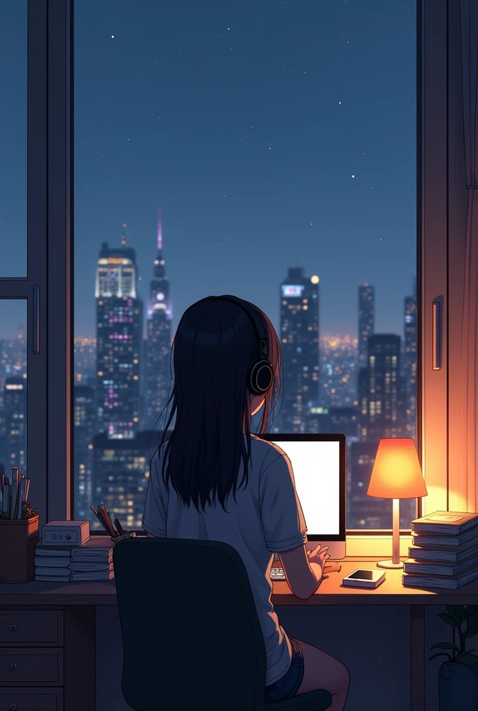 At dusk、Picture an anime-style girl sitting at her computer in a modern city apartment。The room is comfortable、Relaxed atmosphere、There is a lamp on the desk、Books and stationery are scattered all over the place。Has long black hair、Landscape、Dressed casually、headphone、Gazing thoughtfully at the city skyline outside the window。There are skyscrapers in the background、The sun begins to set、When the lights in the building started to come on、Create a quiet, contemplative mood