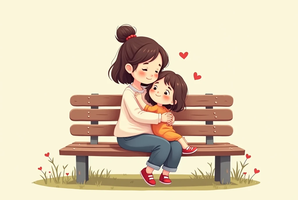 Cartoon image of mother and daughter sitting on a park bench, cartoon, cute cartoon, cute cartoon style, motherly love, cute illustration, clean anime art, simple background