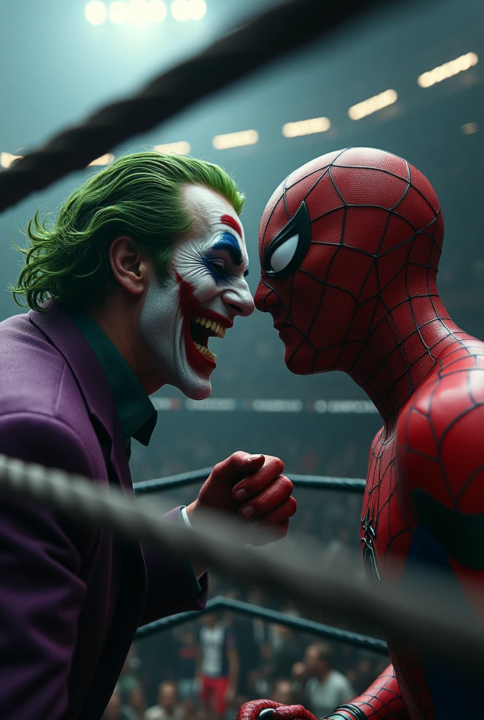 Joker hand at spiderman face at boxing land