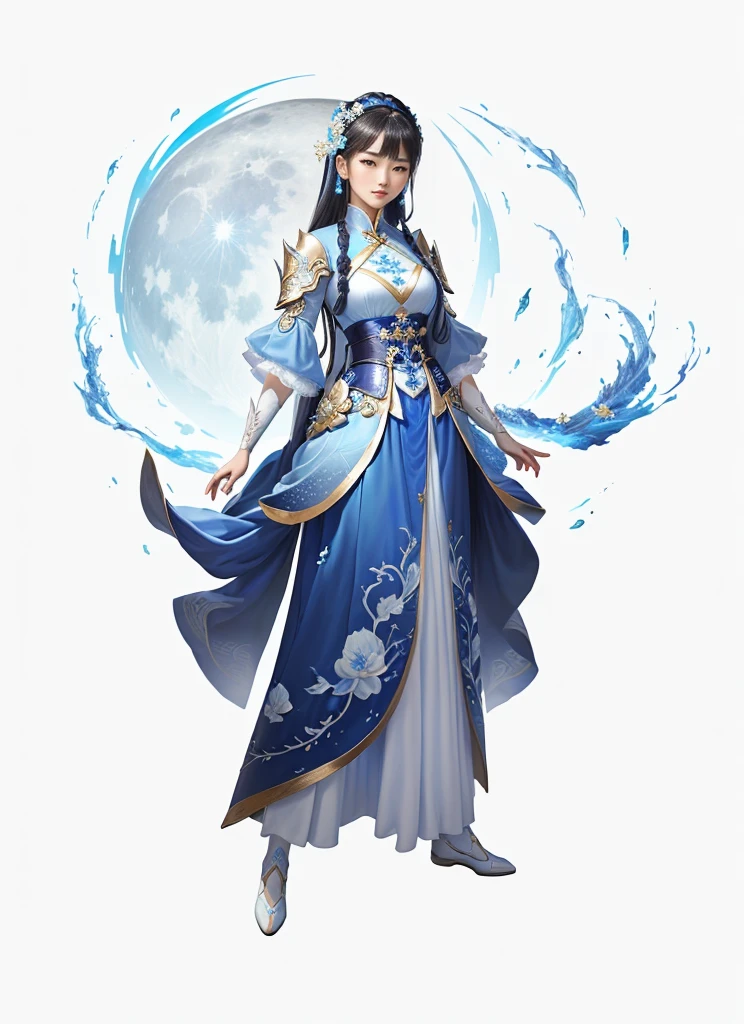Close up of woman in blue and white dress, Inspired by Han Gan, Inspired by Zhang Han, Moon Themed Clothing, Full body martial arts, Full body fairy, Inspired by Zhao Yuan, Inspired by Zhu Derun, Inspired by Cao Zhibai, inspired by Fan Kuan, Inspired by Dong Yuan