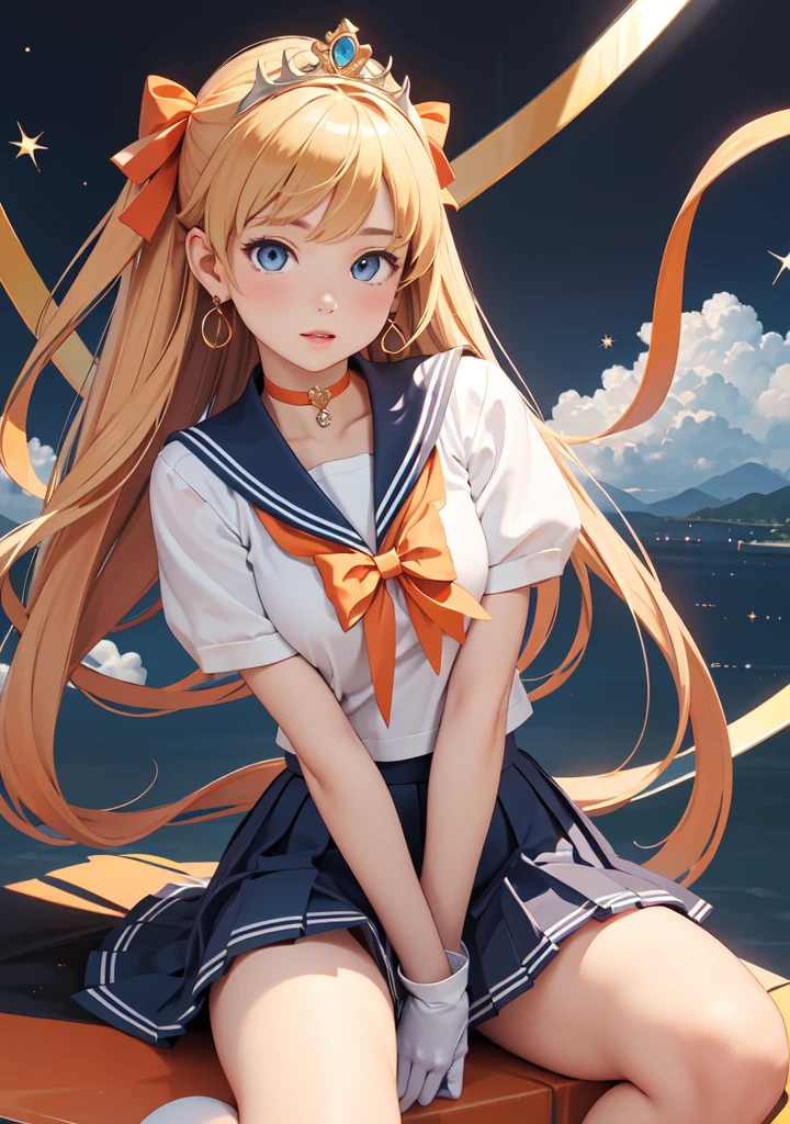 (Absurd, High resolution, formula wallpaper, Poster), (masterpiece, Highest quality:1.2), (figure, Realistic), (Perfect detail, Most detailed, Very detailed), Dramatic Light, beautiful, masterpiece, Highest quality, Very detailed顔, Perfect lighting, One person, Hindea, Sailor Venus, masterpiece, Highest quality, High resolution, Venus 1, One person, alone, Sailor Warrior Uniform, Sailor Venus, aino minako, Blonde, Magical girl, blue eyes, Orange Skirt, Elbow hand pockets, tiara, Pleated skirt, Hair Ribbon, Orange sailor collar, mini skirt, choker, Red Bow, orange choker, White gloves, Very long hair, jewelry, Earrings, View your viewers, break (masterpiece:1.2), Highest quality, High resolution, unity 8k wallpaper, (figure:0.8), (beautiful細部までこだわった目:1.6), Very detailed顔, Perfect lighting, Very detailedCG, (Perfect hands, Perfect Anatomy),((Spread your legs, Lift your legs, hold one's thighs:1.5)), Shot from above, Manguri Gaeshi, ((lying on bed:1.3)) , spread legs, legs up, nsfw, legs up high, spread legs, ((hold knees, vagina, from below:1.3)), ((Focus on pussy:1.5)), ((Spread the labia majora apart with both hands:1.5)), ((Show the urethra:1.3)), ((pussy juice:1.0))