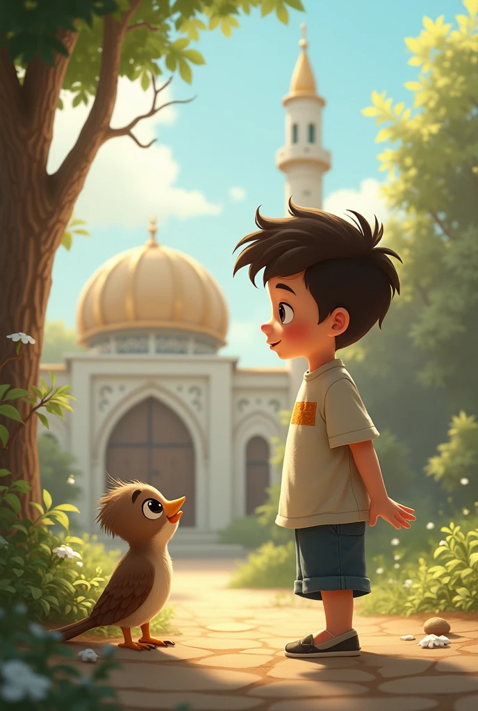 After leaving the mosque, Hasan big goes to meet his little friend (the bird). The bird is either perched on a branch or sitting on the ground, waiting for Hasan big.