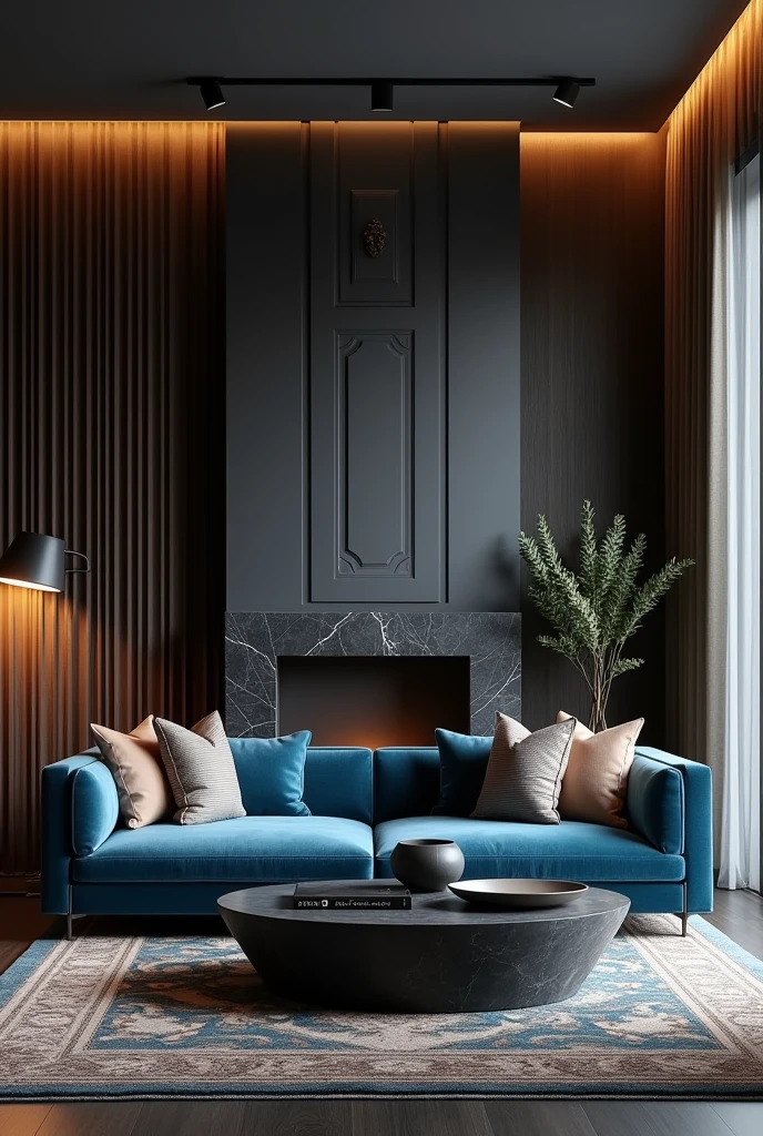 Professional 3d architecture rendering design of modern living room with so dark gray and so dark vintage blue and so dark beige floranca velvet sofa set and medium flouting dark gray marble fireplace and brown laminate and elegant and modern accessories and modern windows and black slab stone middle table and elegant ceiling lighting and elegant accessories and elegant dark gray Persian carpet