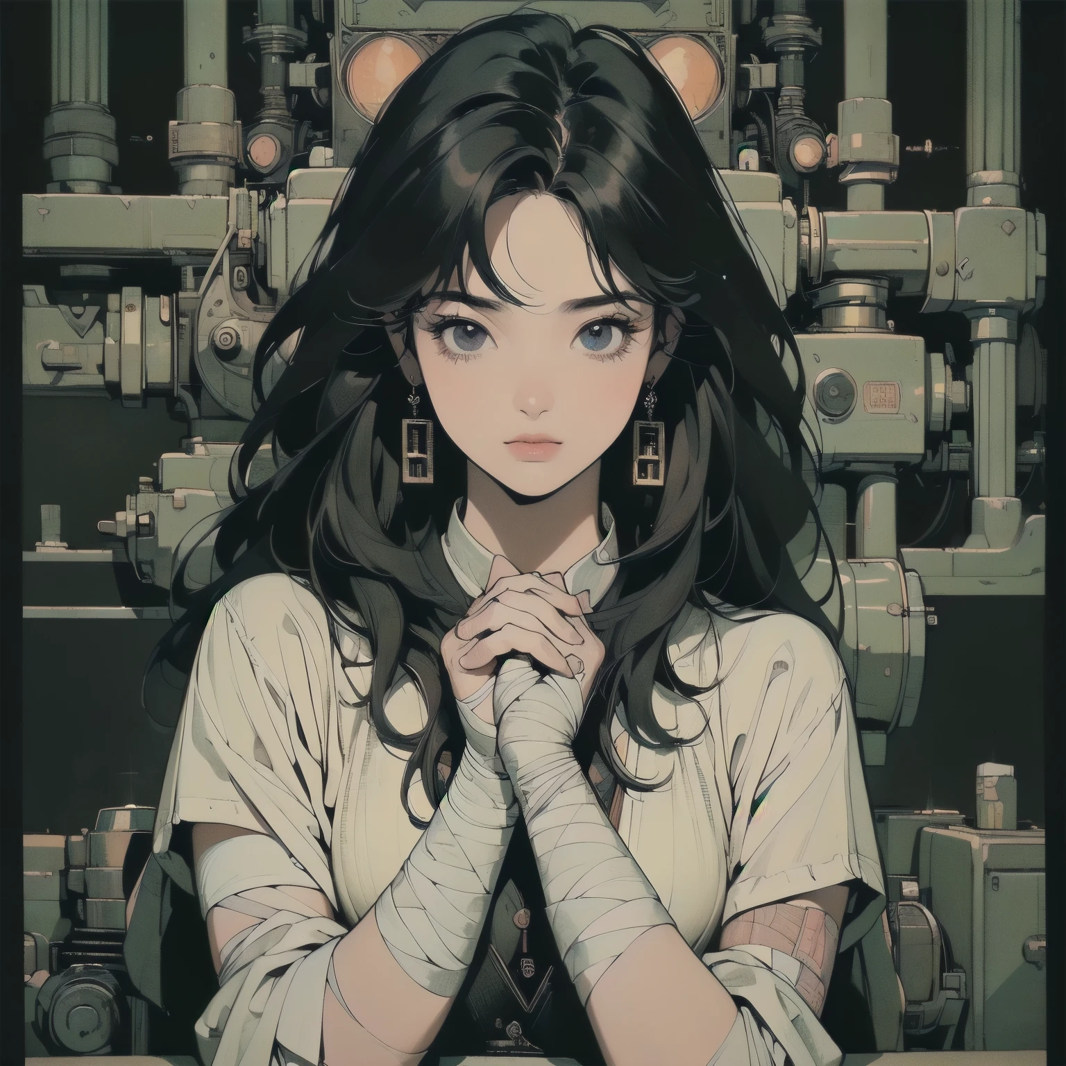 (((masterpiece, Highest quality)))、(((32K Wallpapers)))、The most detailed black machine、((Outdated black machinery and a woman)))、The most detailed background、(((small Chest)))、(((Surrounded by many complex, sophisticated, Outdated black machinery)))、Upper Body、 (one person:1.2), ((Overall colorfully))、A perfect Outdated black machinery、(((Perfect Face)))、(((The most complete Outdated black machinery)))、Detailed Hair、 (((Lots of cables)))Close-up、(((own hands together)))、(((A complex and huge engine)))、(((Very dark room)))、(((Lots of loose bandages)))