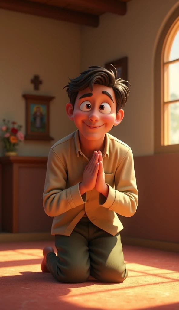 man praying on his knees, pixar 3d cartoon style