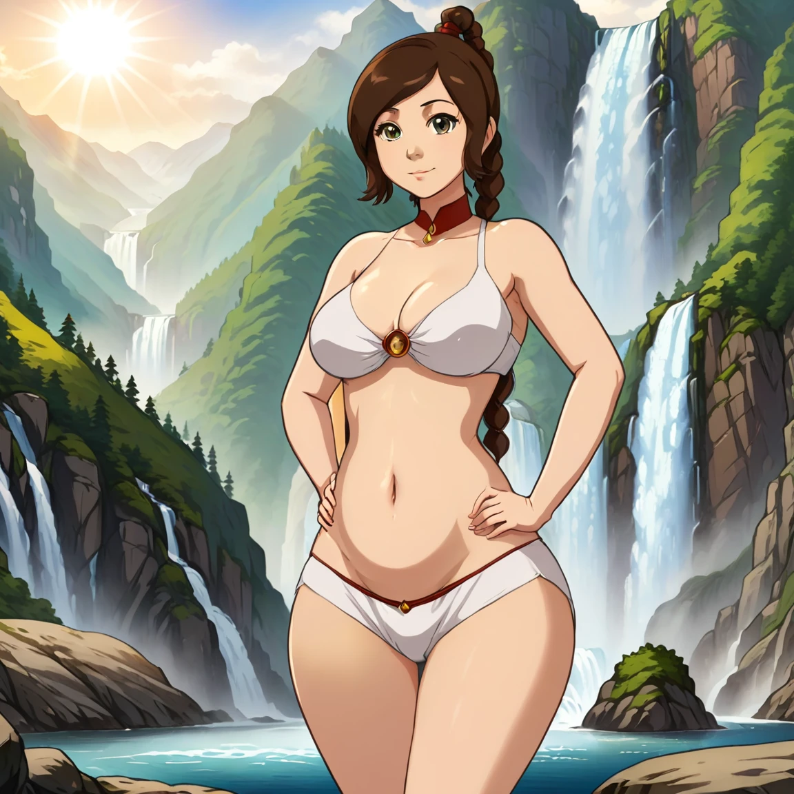 attractive korean woman, ripped muscle, muscular body, small breast, pale skin, sad(blush), nude, fur hat, thin necklace, sixpack abs, [ultra detailed skin:1.2], brown hair, wavy hair, 8k uhd, pussy, full body, crowd, public, forest, waterfall, standing,