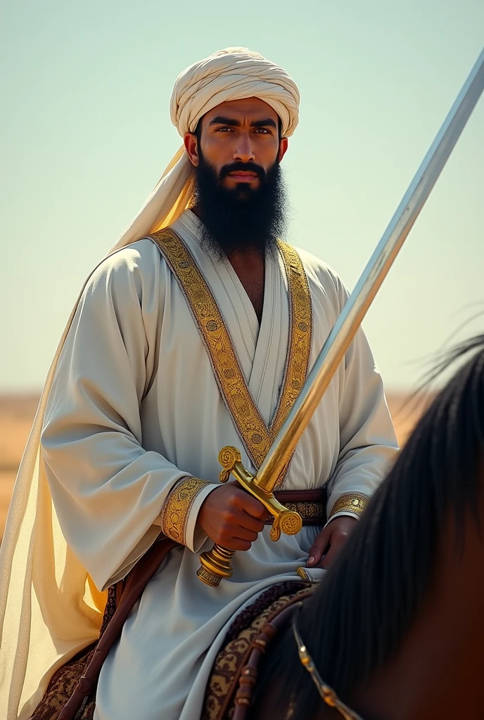 A perfectly handsome man with bright colour tone and tall height with long beard wearing Muslim cap and Muslim white dress with a sword named zulfikaar in hand riding a dark black horse