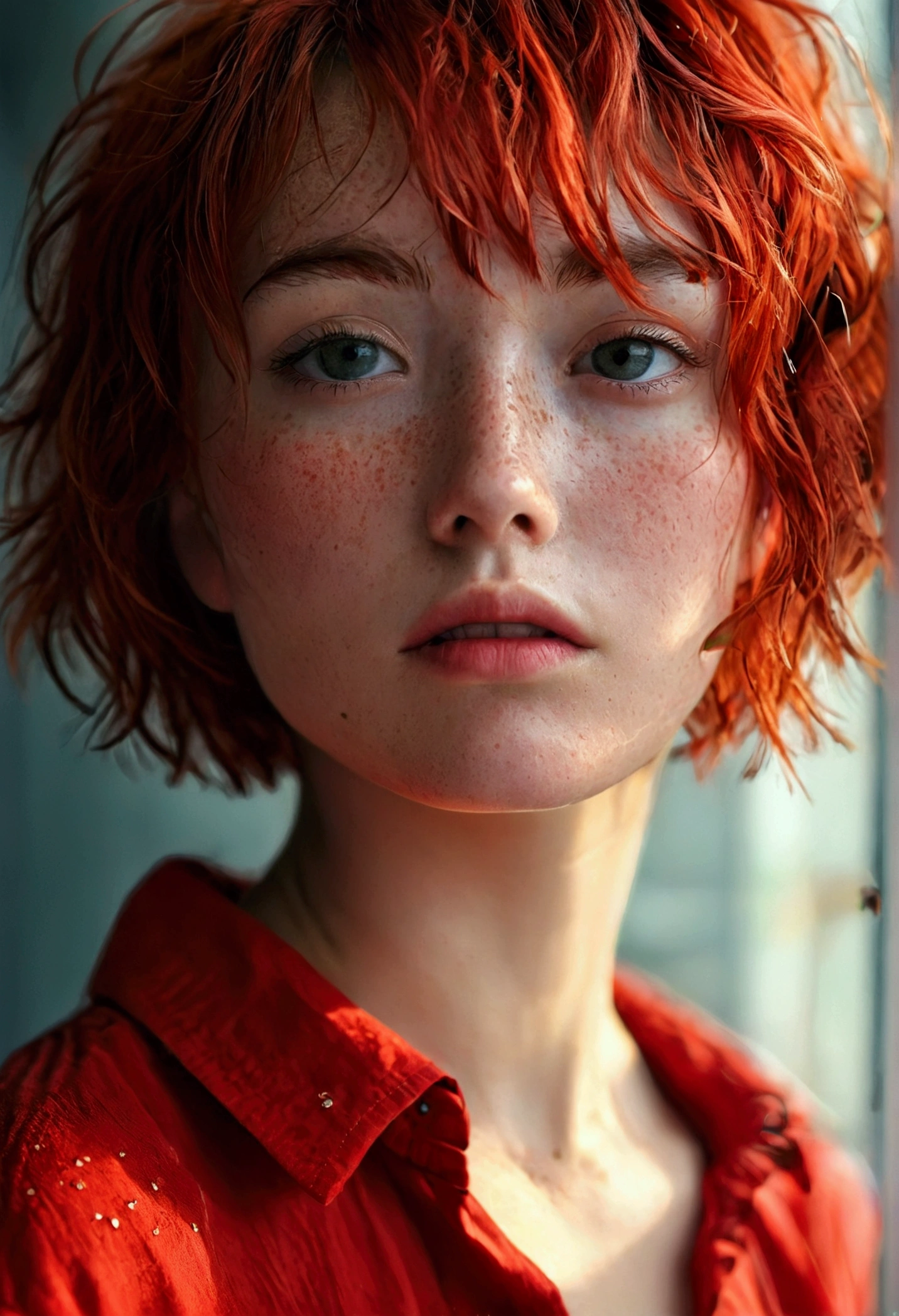 Wearing a red shirt、A girl with short, messy bob hair、Red hair、Freckles、