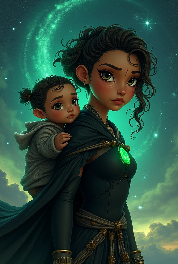 fighting stars, female character, baby, very short brown hair, many curls, black gothic clothing, large eyes, bright green dencolot, , Moana style, Appearance