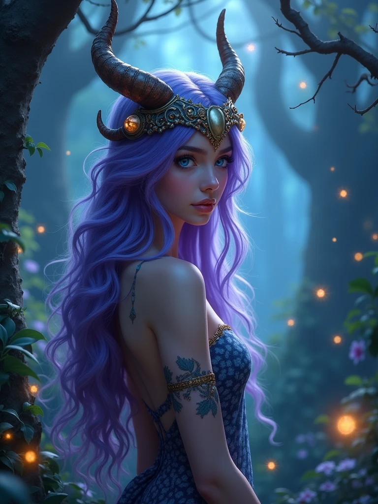 A pretty girl as a fairy with wings, detailed face, detailed hair, in a forest wearing a skull with horns as her headband, purple long hair, blue eyes, with some small light flies flying around her, fantasy, night version, sparkling riches, highest quality, facing backwards