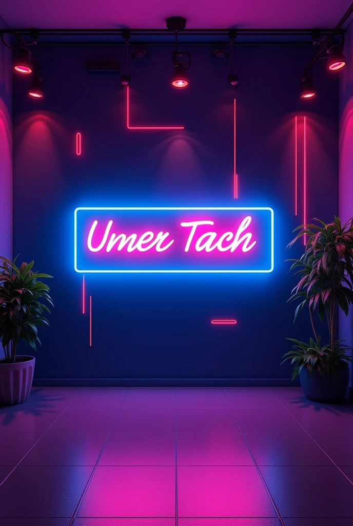 Create a YouTube studio background  with a modern and sleek desgin. In the center of the background.display the name Umer Tach in bright neon lights with correct spelling The neon lights should be in a vibrent colour such as electric blue or neon pink Surround the neon  text with subtle complementary lighting and dector the enhance should be stylish professional and inviting perfect for a YouTube content creator's studio.
