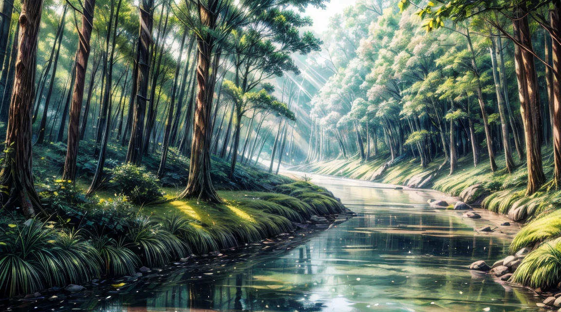 In the forest where the river flows、Girl in a white dress、Sunlight shining through the trees
