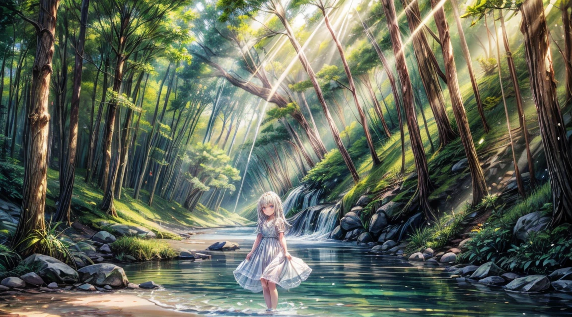 In the forest where the river flows、Girl in a white dress、Sunlight shining through the trees