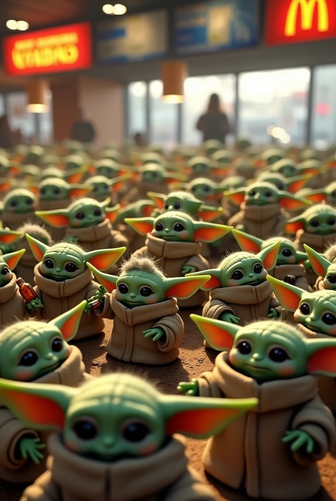 Party with lots of baby yodas at a McDonald&#39;s with bottles of tequila 