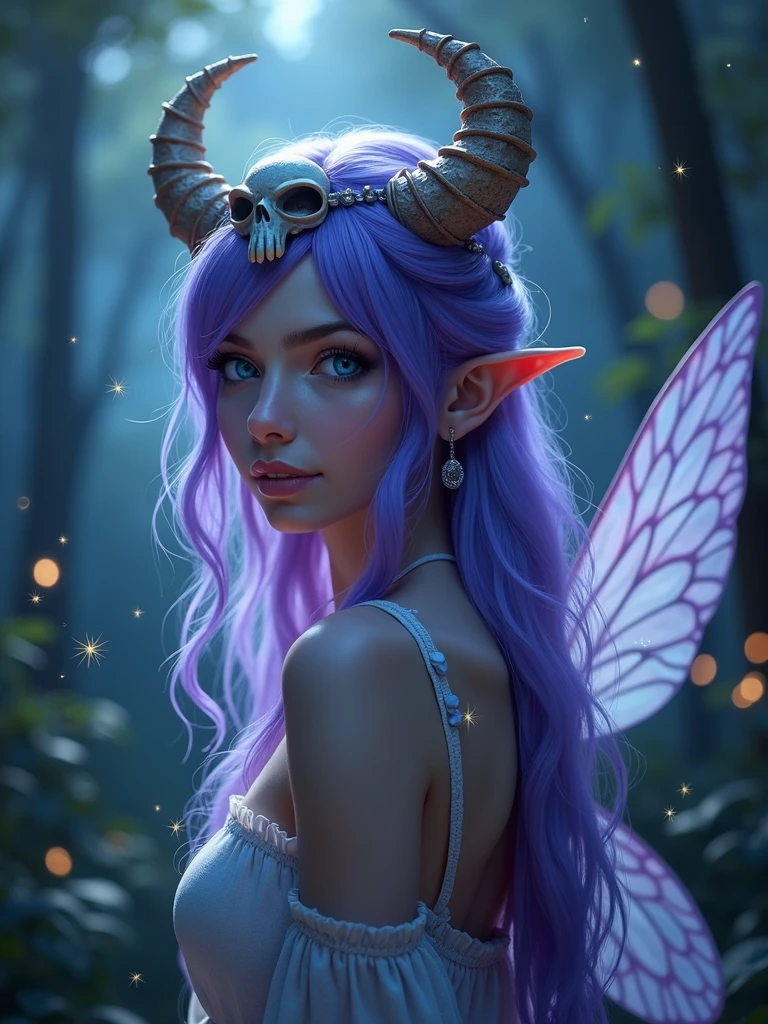 A pretty girl as a fairy with wings, detailed face, detailed hair, in a forest wearing a skull with horns as her headband, purple long hair, blue eyes, with some small light flies flying around her, fantasy, night version, sparkling riches, highest quality, facing backwards