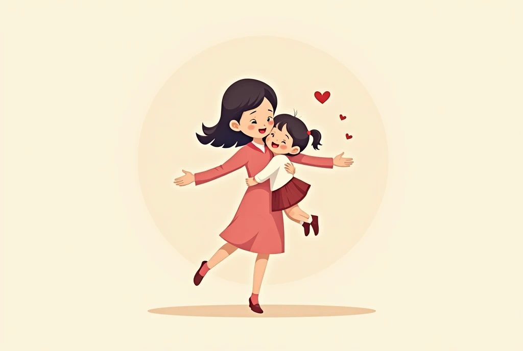 Cartoon image of a mother with open arms and her daughter jumping into her arms, cartoon, cute cartoon, cute cartoon style, motherly love, cute illustration, clean anime art, simple background