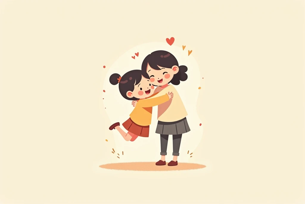 Cartoon image of a mother with open arms and her daughter jumping into her arms, cartoon, cute cartoon, cute cartoon style, motherly love, cute illustration, clean anime art, simple background