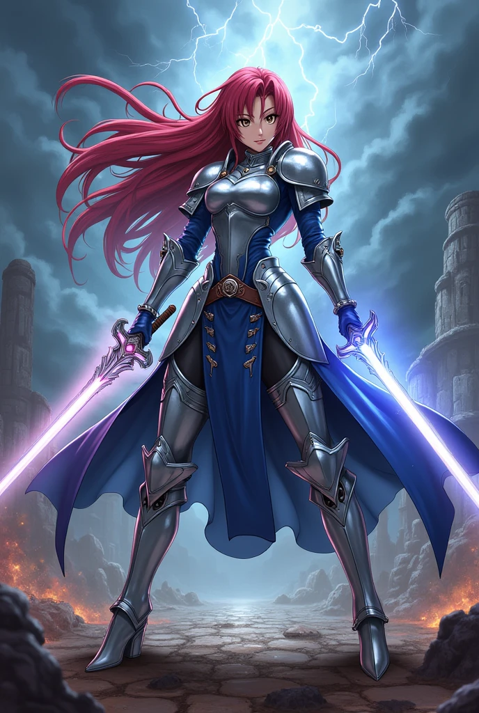 (((Erza Scarlet:1.3))), a fierce and determined warrior, is depicted wearing her iconic (((Heaven’s Wheel Armor:1.2))). Her long, ((crimson hair)) flows freely, contrasting against the shining silver and blue armor. She wields her dual swords with a commanding presence, ready for battle. Her expression is intense and focused, showcasing her determination and strength.
Set in a dramatic battlefield with ((ruined structures)) and a stormy sky. The ground is littered with remnants of past battles, and the air crackles with magic energy. The dark clouds and flashes of lightning add to the sense of urgency and danger.
Erza is positioned in the center of the frame, with a slightly low-angle shot to emphasize her power and authority. The background is slightly blurred to keep the focus on her figure, with the swords prominently displayed.High detail with a sharp focus on the armor’s metallic sheen and the glowing magical energy surrounding the swords. The lighting is dynamic, with bright flashes highlighting the contours of her armor.
Inspired by anime art with a mix of realism in the armor details and dynamic action poses, reflecting Erza’s strength and heroic nature.