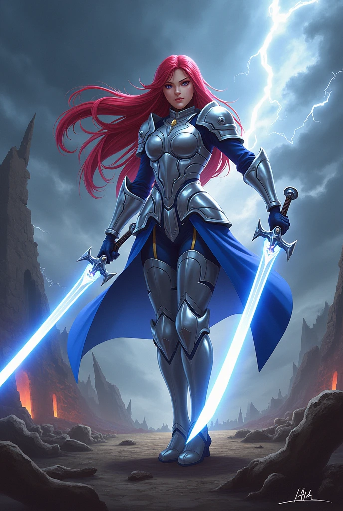 (((Erza Scarlet:1.3))), a fierce and determined warrior, is depicted wearing her iconic (((Heaven’s Wheel Armor:1.2))). Her long, ((crimson hair)) flows freely, contrasting against the shining silver and blue armor. She wields her dual swords with a commanding presence, ready for battle. Her expression is intense and focused, showcasing her determination and strength.
Set in a dramatic battlefield with ((ruined structures)) and a stormy sky. The ground is littered with remnants of past battles, and the air crackles with magic energy. The dark clouds and flashes of lightning add to the sense of urgency and danger.
Erza is positioned in the center of the frame, with a slightly low-angle shot to emphasize her power and authority. The background is slightly blurred to keep the focus on her figure, with the swords prominently displayed.High detail with a sharp focus on the armor’s metallic sheen and the glowing magical energy surrounding the swords. The lighting is dynamic, with bright flashes highlighting the contours of her armor.
Inspired by anime art with a mix of realism in the armor details and dynamic action poses, reflecting Erza’s strength and heroic nature.