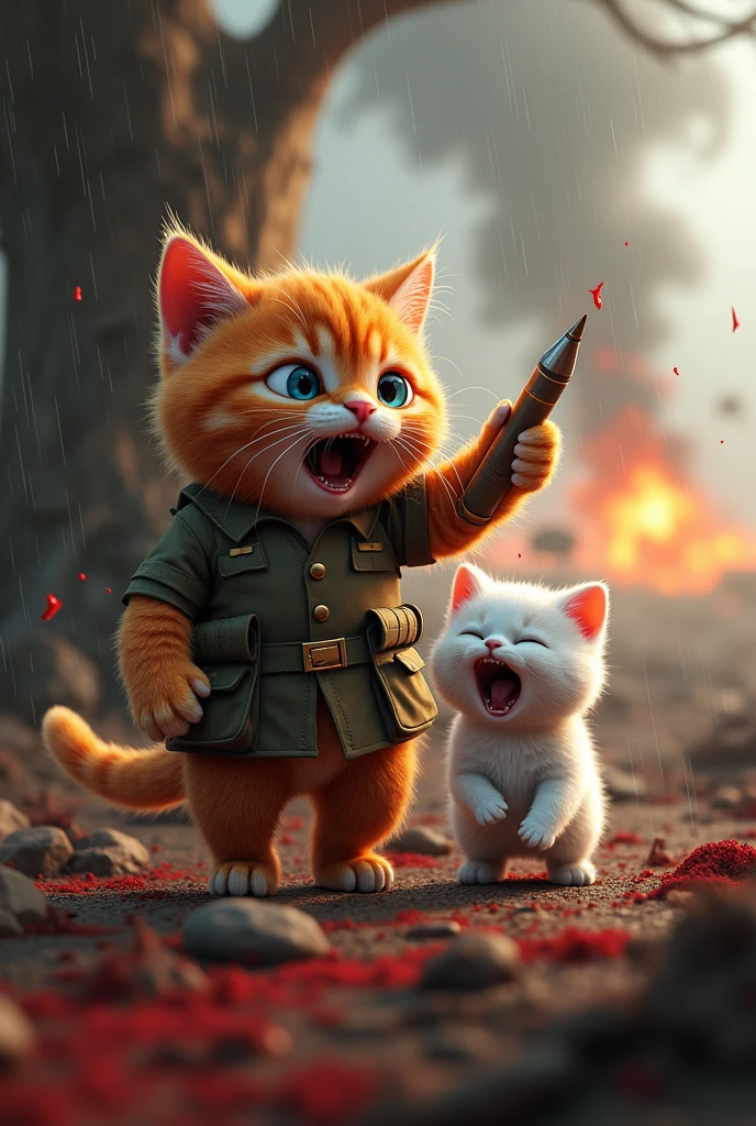 The orange soldier cat hit by the bullet in his right arm with shocked in his face , blood splash around him and the white chubby kitten was shocked and shouting , in an old and giant tree, rainy and windy weather, bombing and explosion behind them, in a battle field, 3D style