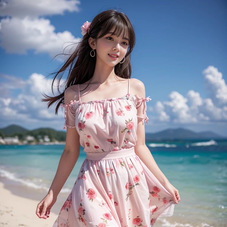 laughing out loud,travel scenery photos,Wear a sweet dress,Dress with pink flower pattern,Floral pattern scattered throughout the dress,Puff sleeves,Princess puff sleeves,Short sleeve,One-piece hem A-line skirt,(There is a layer of transparent mesh outside the skirt), Fluffy and lightweight dress,(The dress is made of mesh), There are pink ribbon bows on both sides of the collarbone.,A-line skirt with large hem,1 female, On the face, light brown hair, blunt bangs, hair behind ears, Shoulder-length hair, long hair, Slender body type, 超face slimming型, face slimming, delicate lips, beautiful eyes, Thin blush, Eyes are light brown,View here, (actual:1.3), One person's perspective, 8k, Super detailed, high quality, best quality, High resolution,2,above knee shot,Breast protrusion,Full breasts