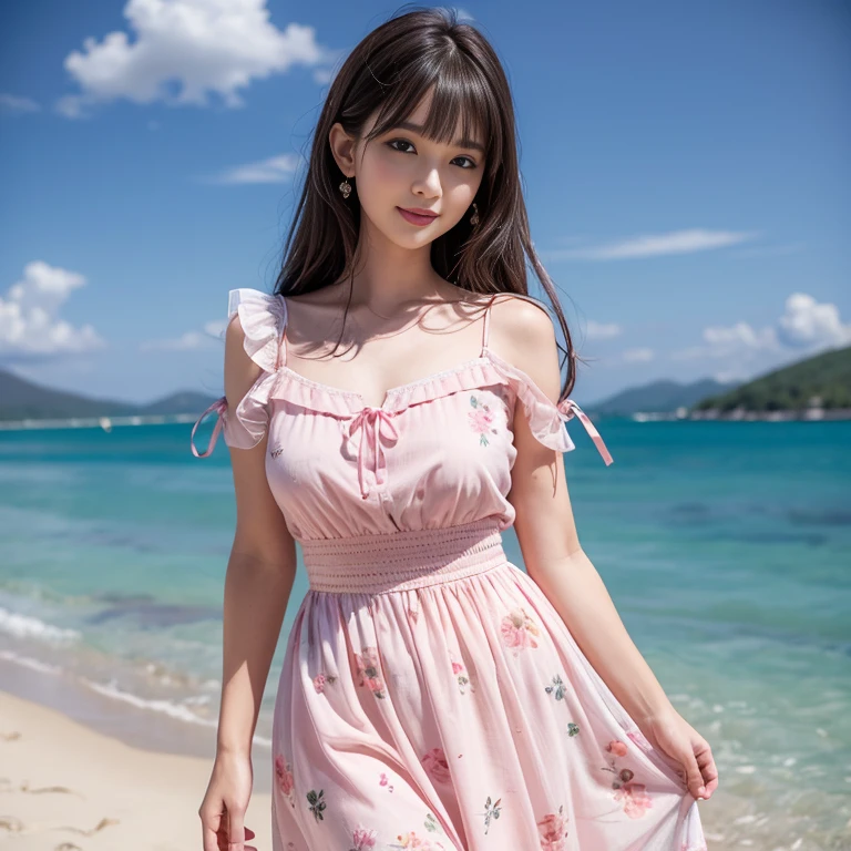 laughing out loud,travel scenery photos,Wear a sweet dress,Dress with pink flower pattern,Floral pattern scattered throughout the dress,Puff sleeves,Princess puff sleeves,Short sleeve,One-piece hem A-line skirt,(There is a layer of transparent mesh outside the skirt), Fluffy and lightweight dress,(The dress is made of mesh), There are pink ribbon bows on both sides of the collarbone.,A-line skirt with large hem,1 female, On the face, light brown hair, blunt bangs, hair behind ears, Shoulder-length hair, long hair, Slender body type, 超face slimming型, face slimming, delicate lips, beautiful eyes, Thin blush, Eyes are light brown,View here, (actual:1.3), One person's perspective, 8k, Super detailed, high quality, best quality, High resolution,2,above knee shot,Breast protrusion,Full breasts