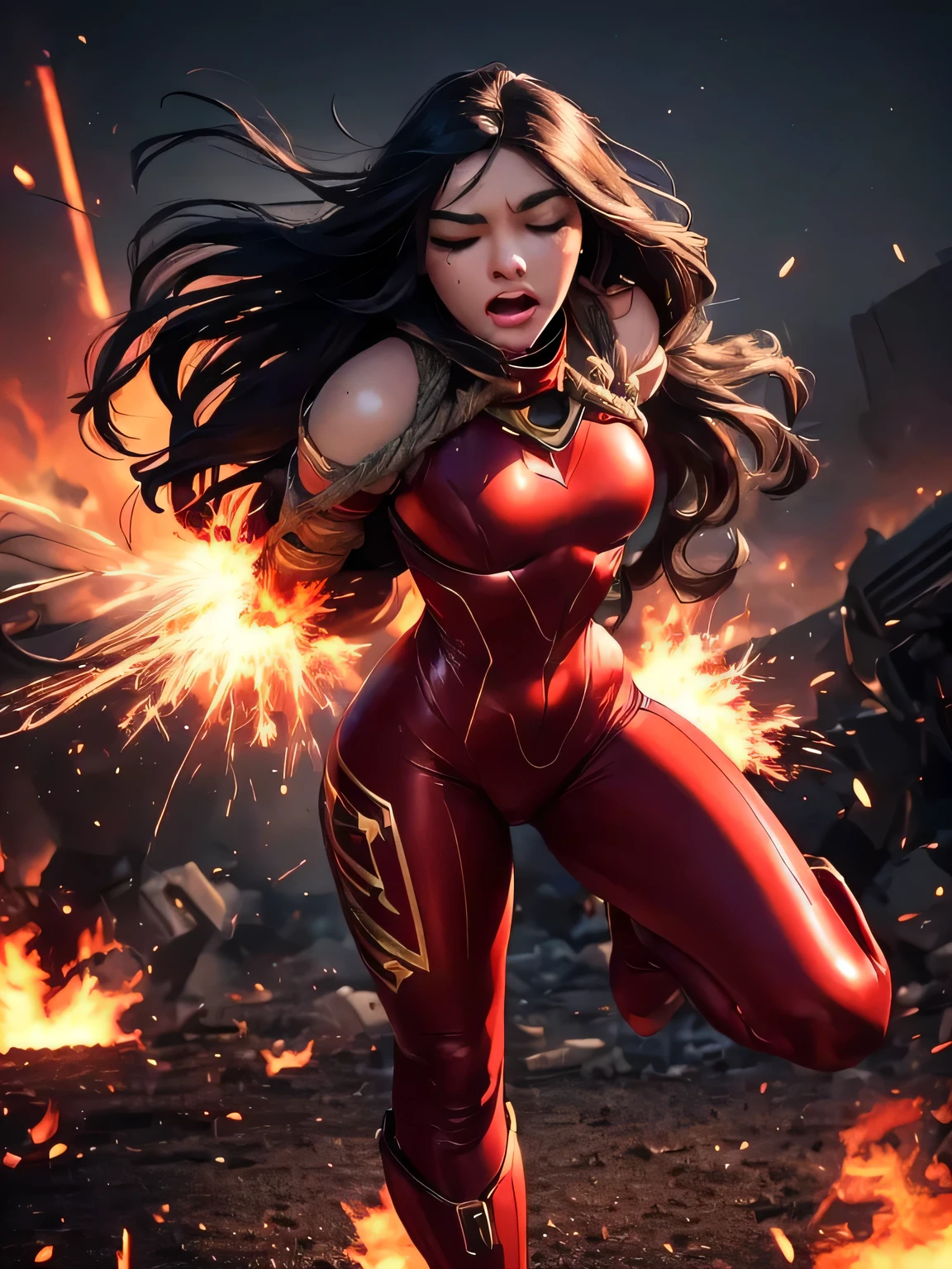 full body shot, superheroine, named crimson bullet, she was captured, ((rough rope wrapped around chest tighten up1.5)), static restrained, ((arms behind back 1.5)), rope bind, cruelly, painful, helpless, humiliating, regrettable, being whipped, now she escaped from prison and running hard. she remains tied up. ((rough rope wrapped around chest tighten up1.5)), static restrained, ((arms behind back 1.5)), ((screaming in pain)), ((running away desperately)), ((brown away by huge explosion)), impatient, falling body, eyes closed, ((flames explode around her)), ((many landmines exploding)), ((directly exposed to the explosion)), lean back, body lying down, body fall down, floating in air, full body shot, in wilderness, she wears a form-fitting red bodysuit that accentuates her athletic figure. The bodysuit has gold accents, a star emblem on the chest, and intricate designs on the shoulders, hips, and thighs. The suit's material has a metallic sheen that reflects the surrounding light, emphasizing the futuristic theme. Her hair is shiny black and very long has well-groomed waves. She wears long red metallic gloves and matching thigh-high boots, both decorated with gold trim. A futuristic gauntlet is worn on her right arm